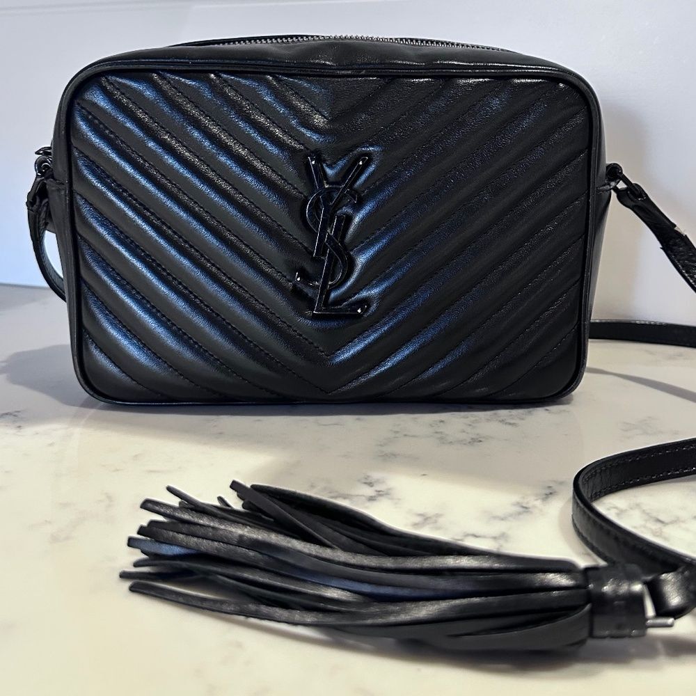 YSL YVES SAINT LAURENT Lou Black on Black Camera Bag w/ Tassle $1790!!